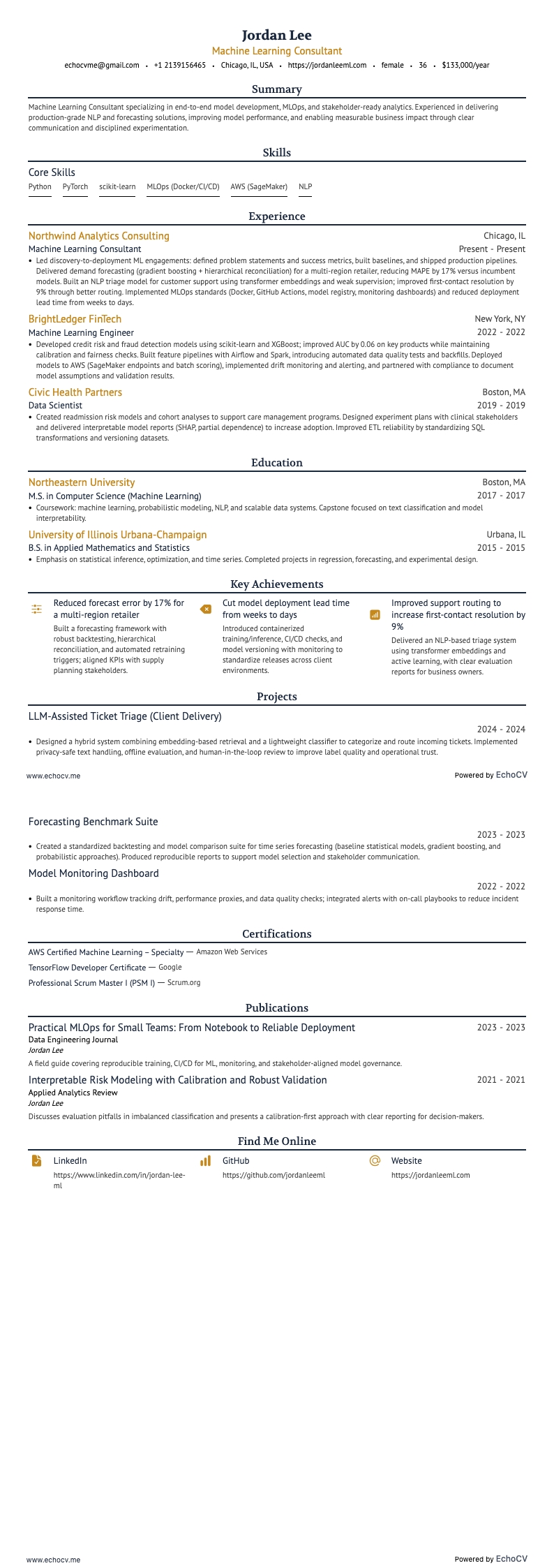 Machine Learning Consultant example resume