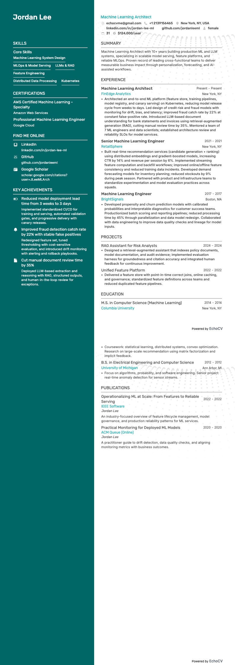 Machine Learning Architect example resume