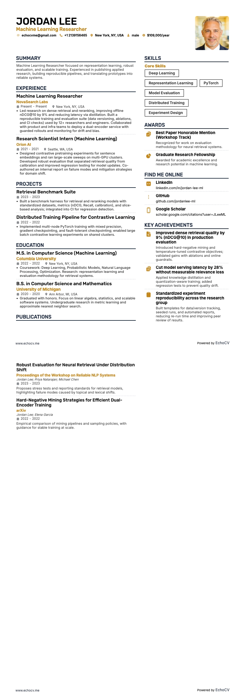 Machine Learning Researcher example resume