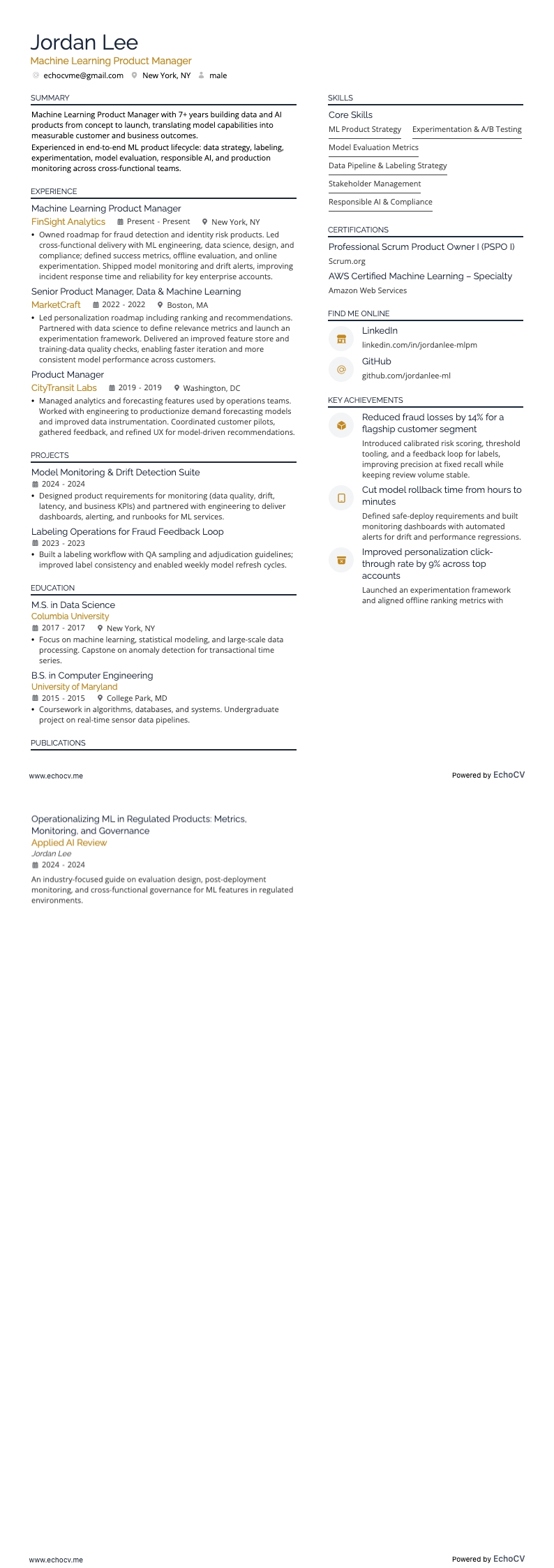 Machine Learning Product Manager example resume