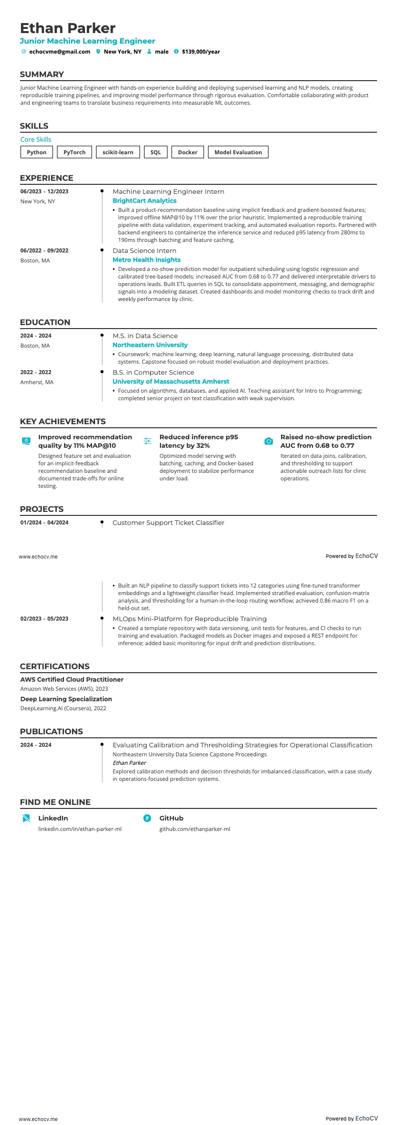 Junior Machine Learning Engineer example resume
