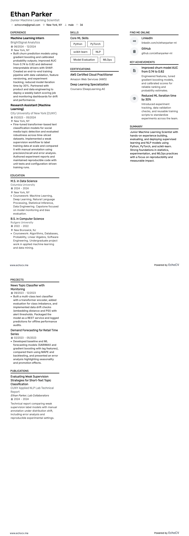 Junior Machine Learning Scientist example resume