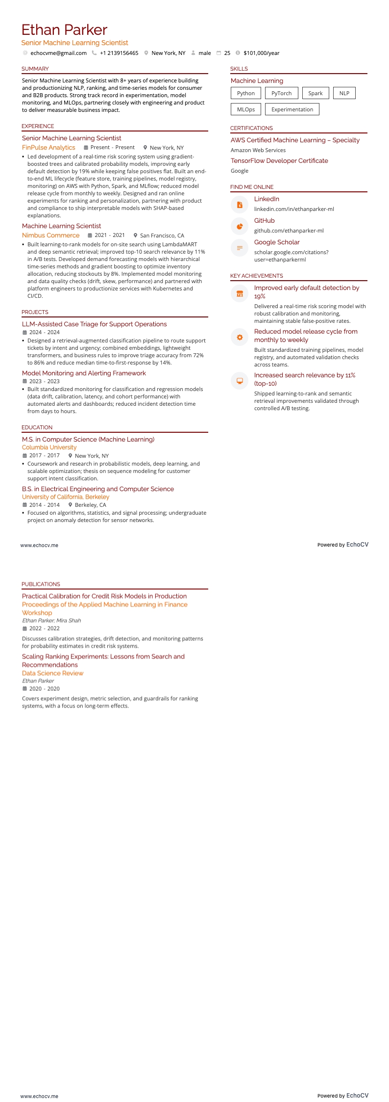 Senior Machine Learning Scientist example resume