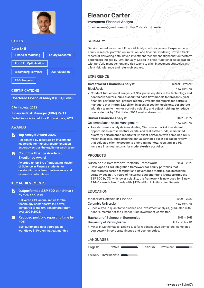 Investment Financial Analyst example resume