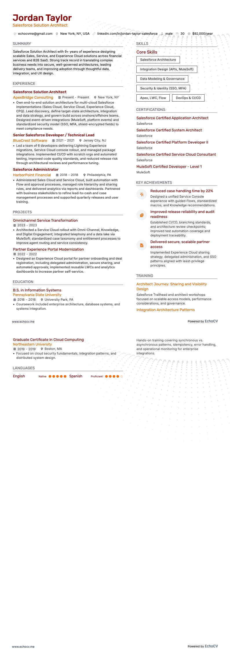 Salesforce Solution Architect example resume