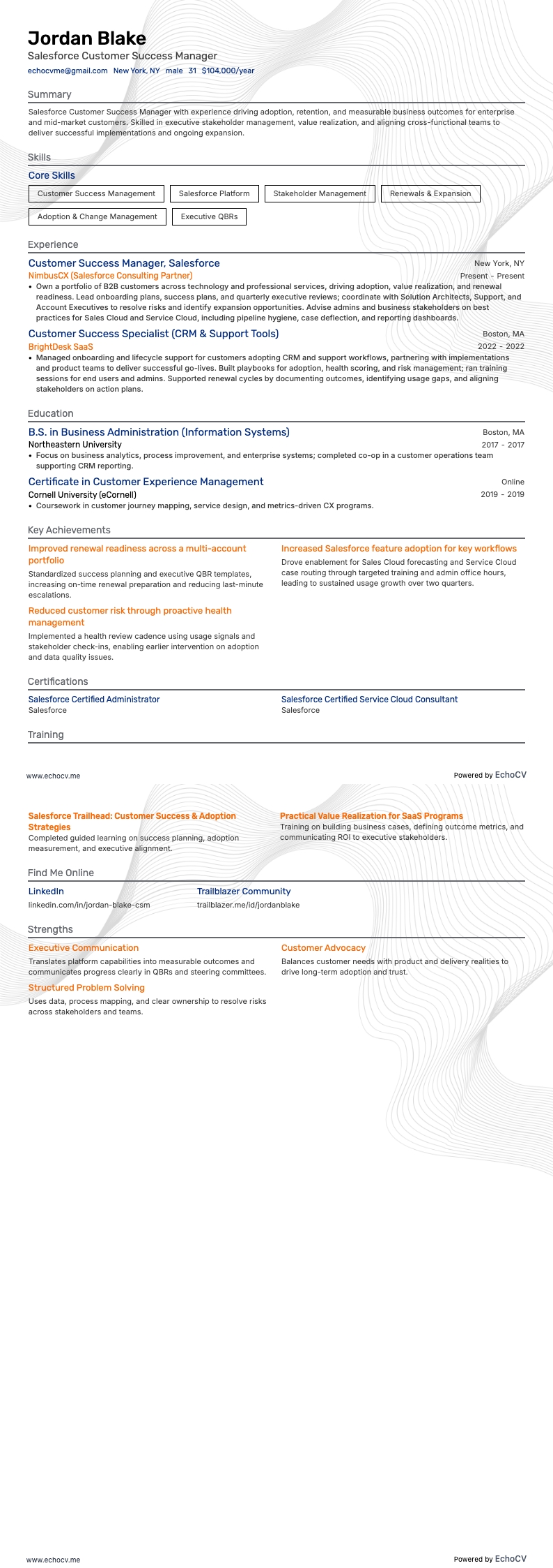 Salesforce Customer Success Manager example resume