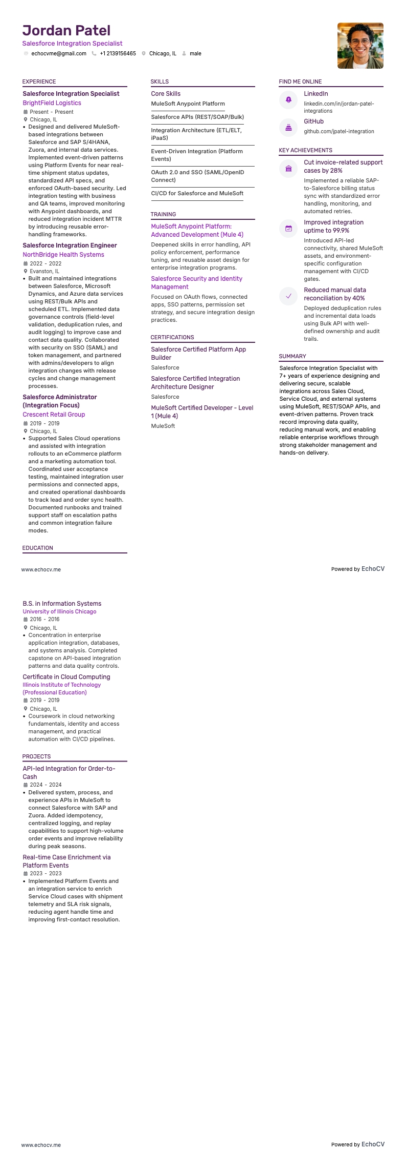 Salesforce Integration Specialist example resume