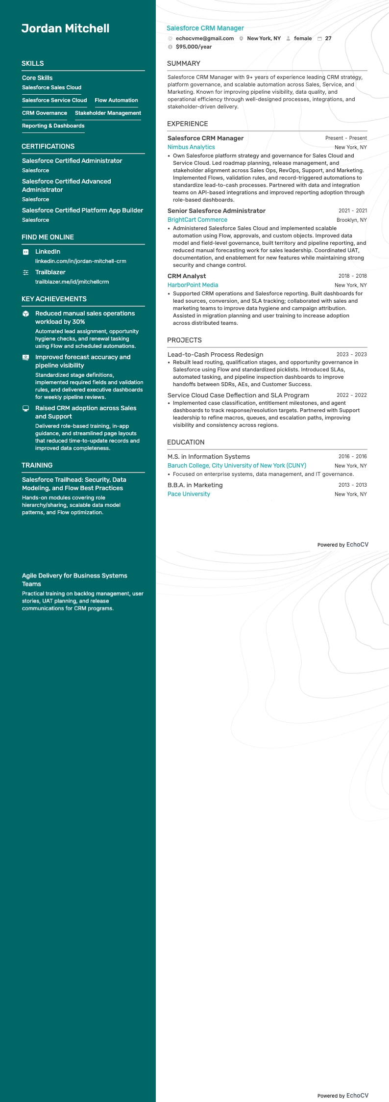 Salesforce CRM Manager example resume