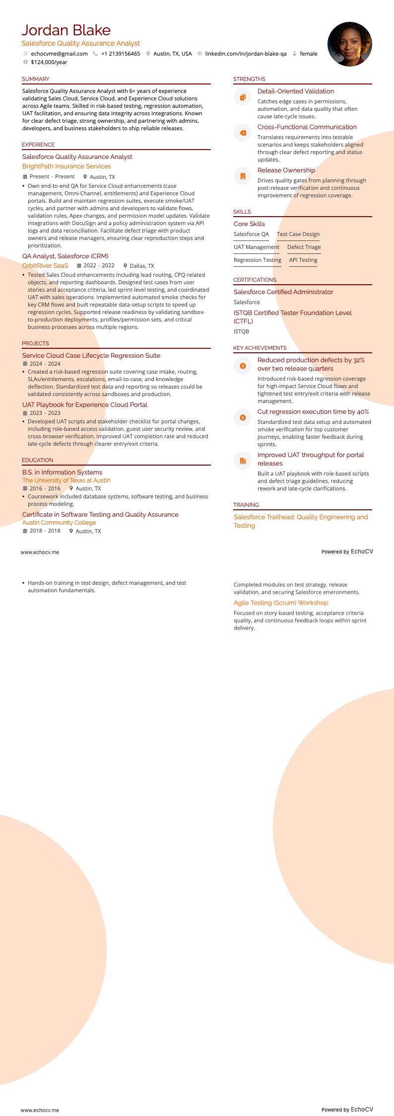 Salesforce Quality Assurance Analyst example resume