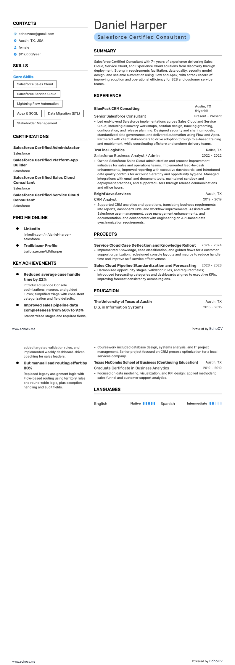 Salesforce Certified Consultant example resume