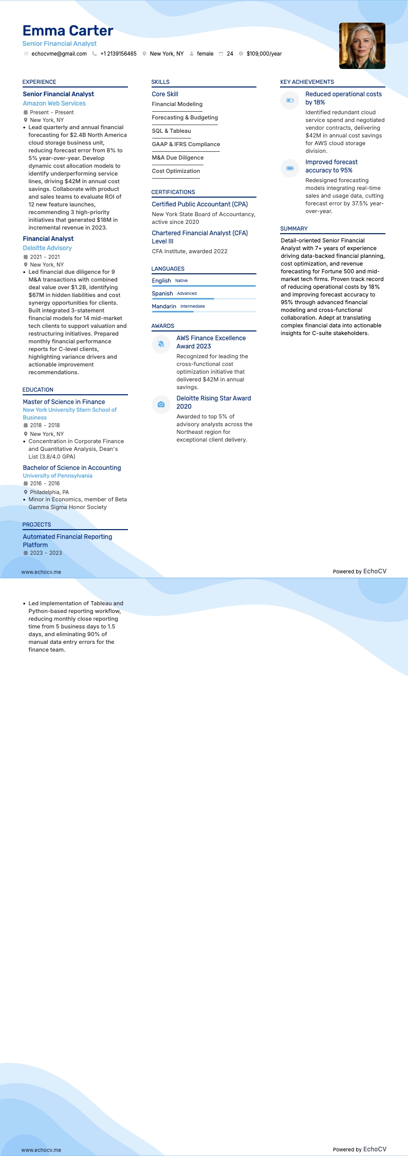 Senior Financial Analyst example resume