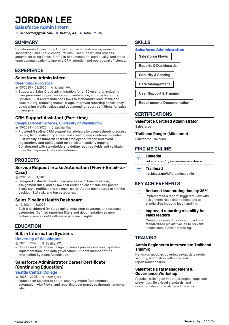 Salesforce 管理实习生 example resume