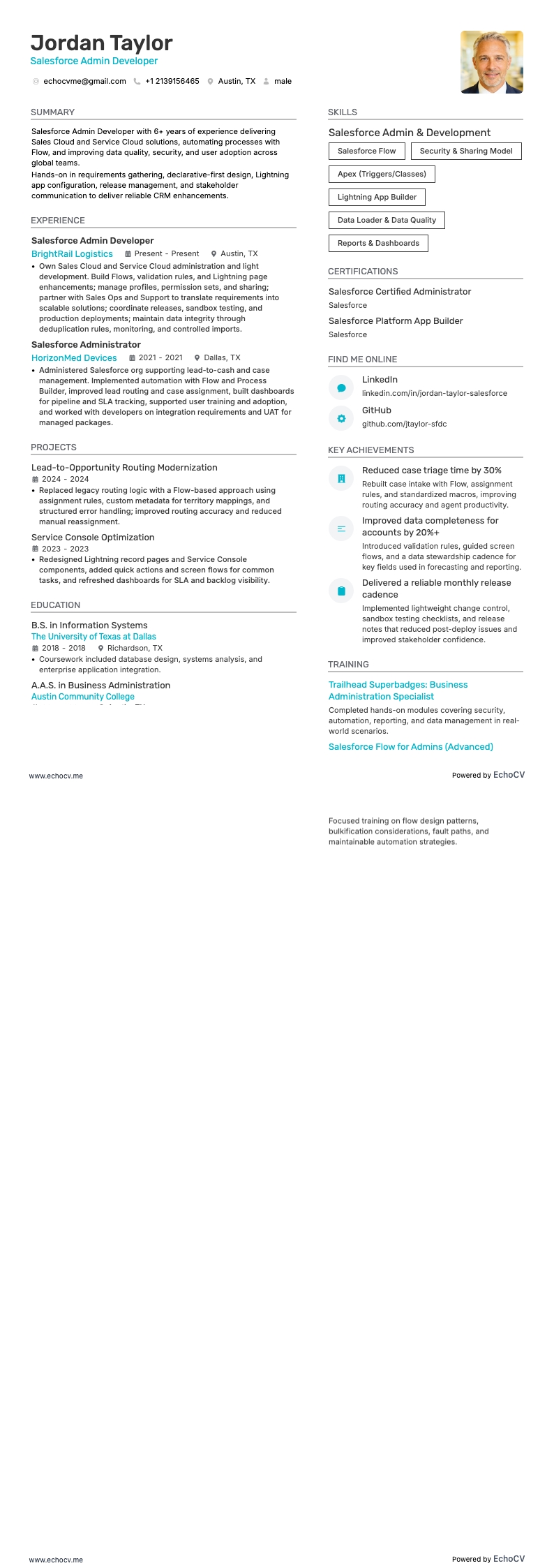 Salesforce 管理开发工程师 example resume