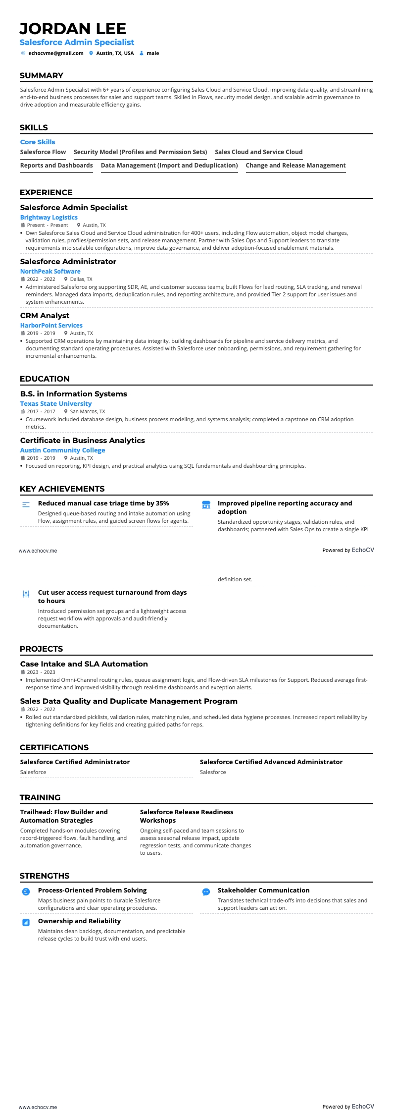 Salesforce 管理专员 example resume