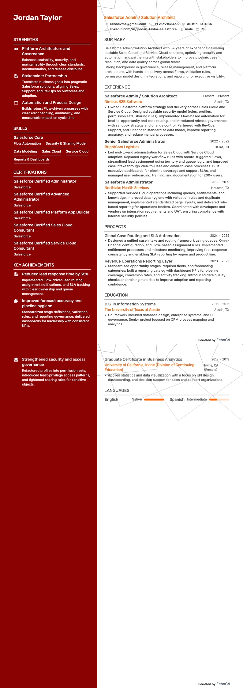 Salesforce 管理员/架构师 example resume