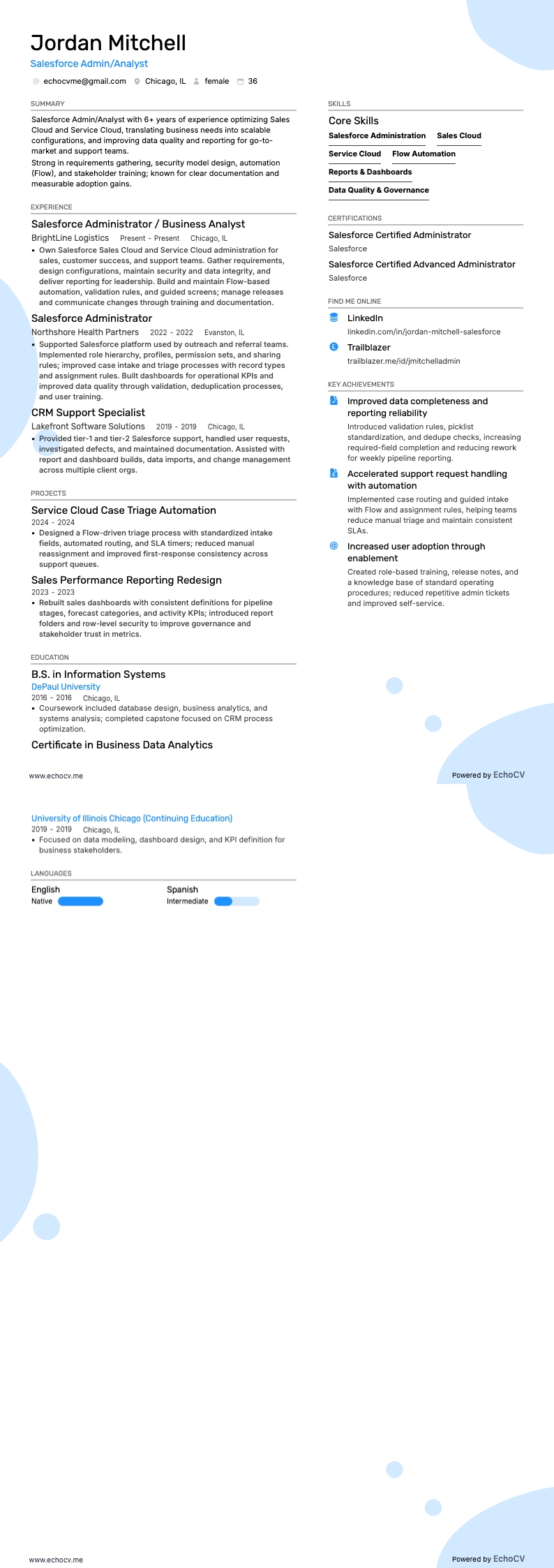 Salesforce 管理员/分析师 example resume