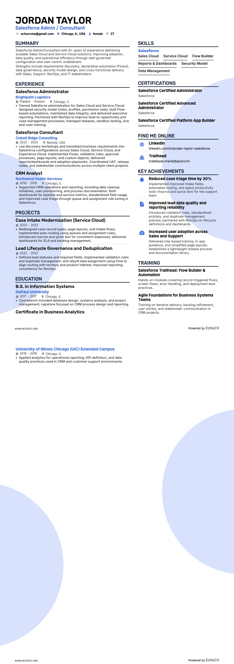 Salesforce管理员/顾问 example resume