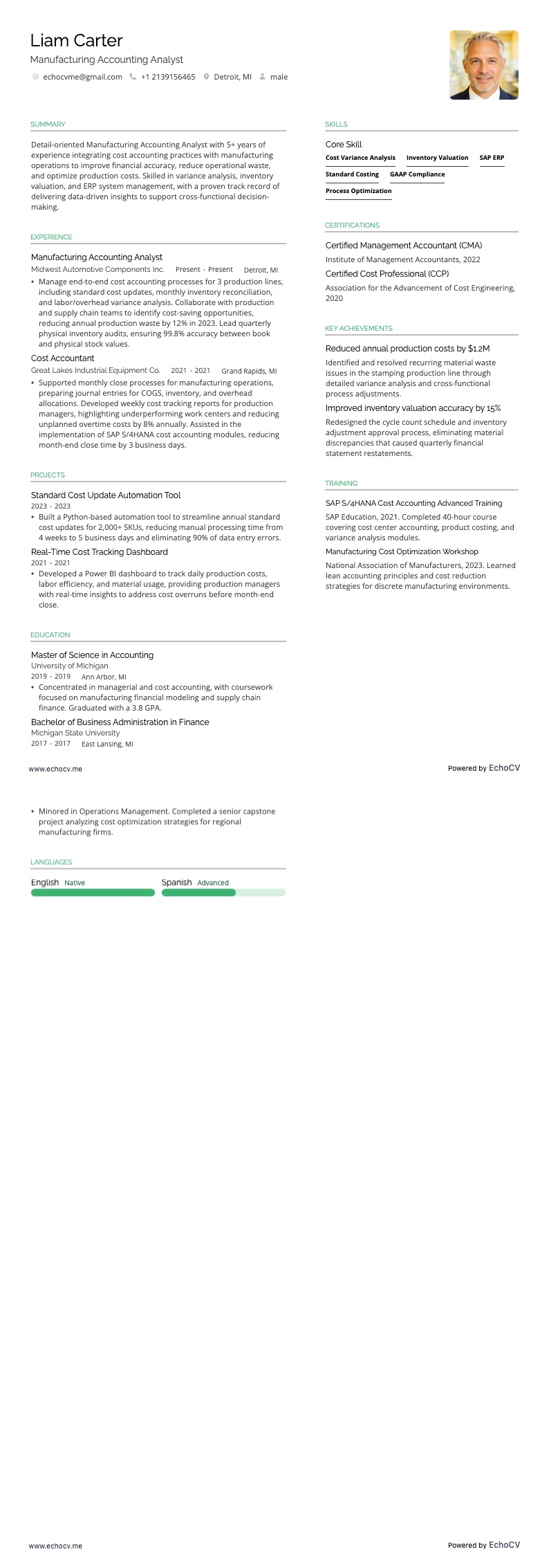 Analyste comptable en production example resume