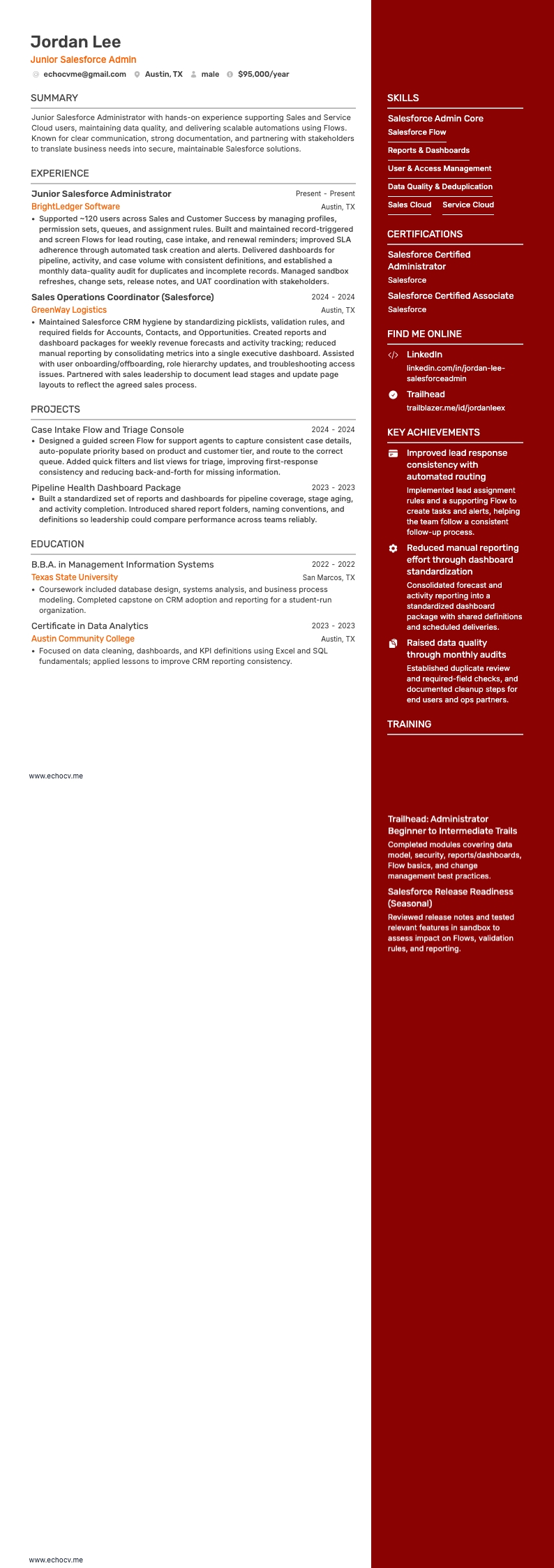 初级 Salesforce 管理员 example resume