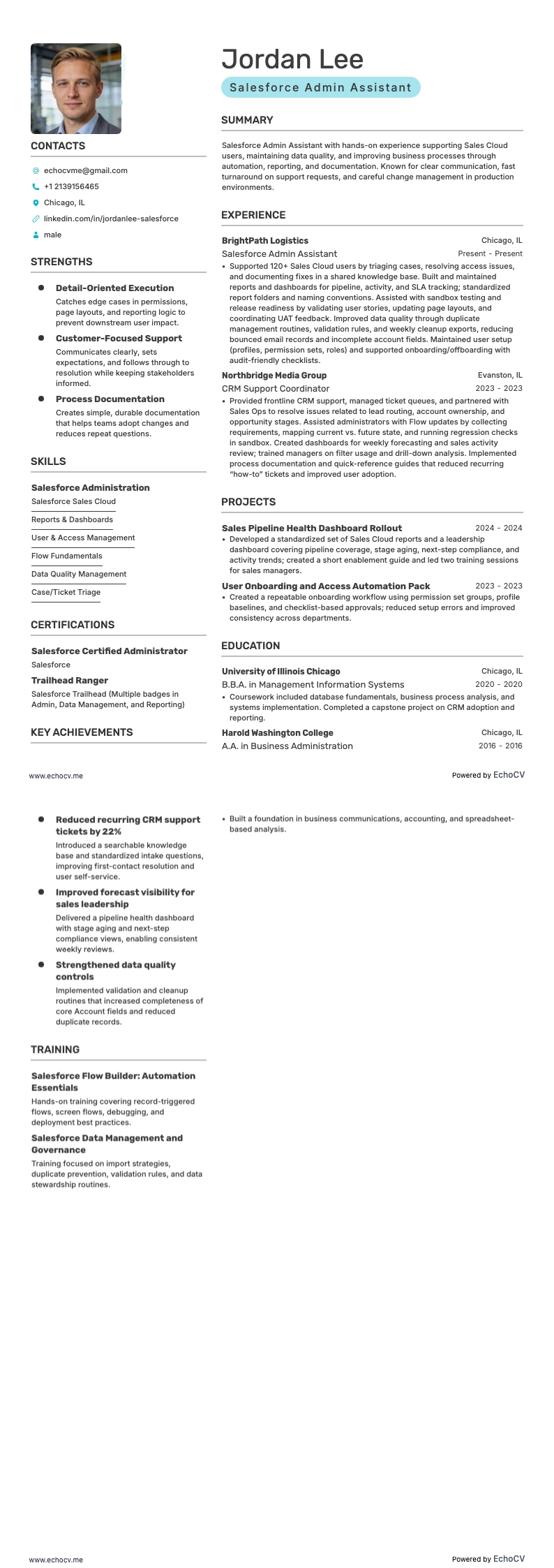 Salesforce管理助理 example resume