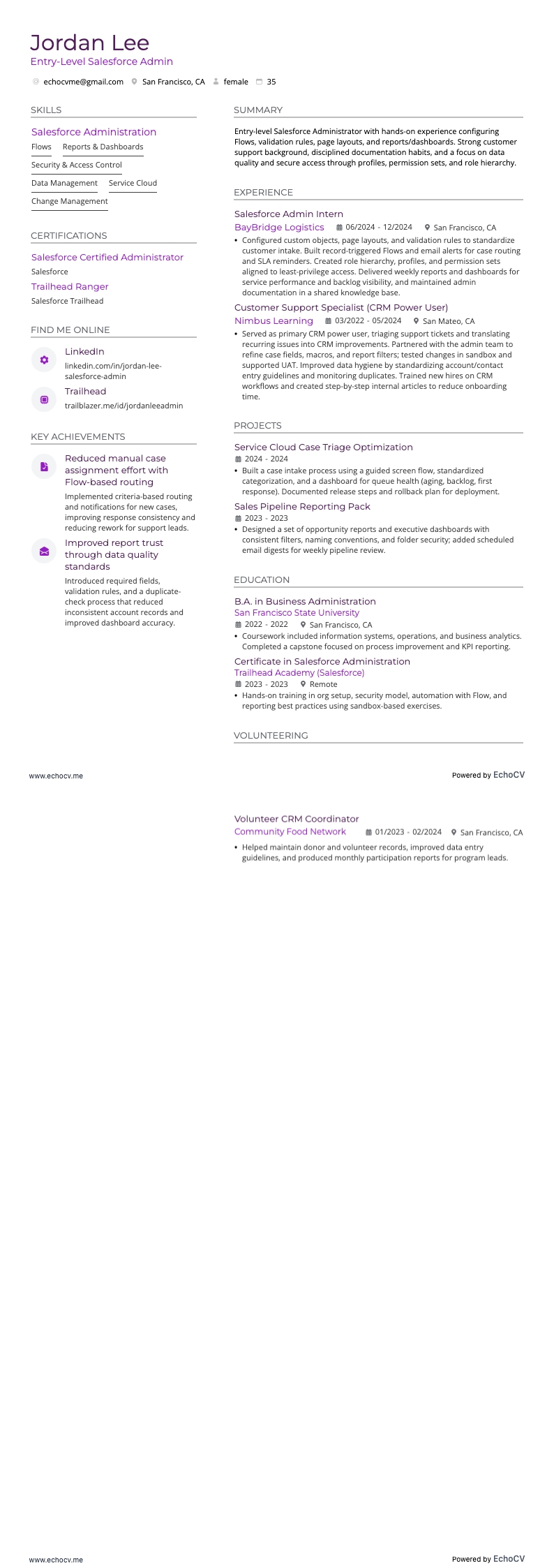 初级Salesforce管理员 example resume
