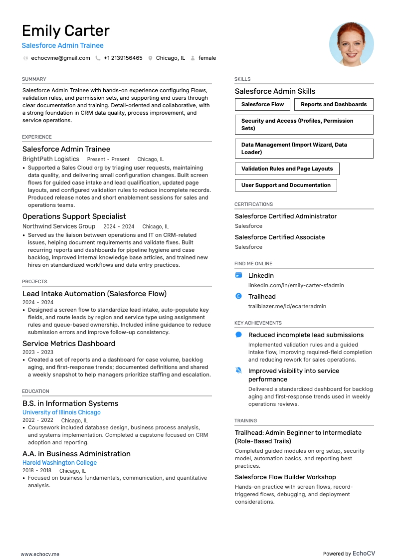 Salesforce管理员培训生 resume example