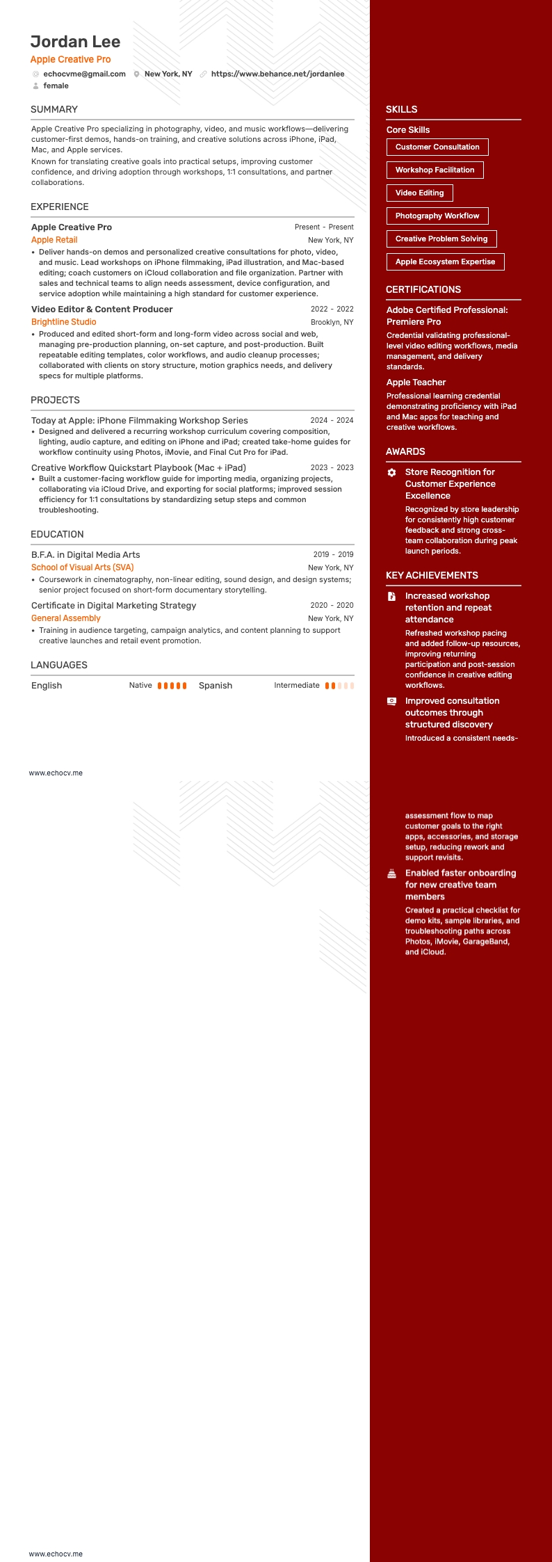 Apple Creative Pro example resume