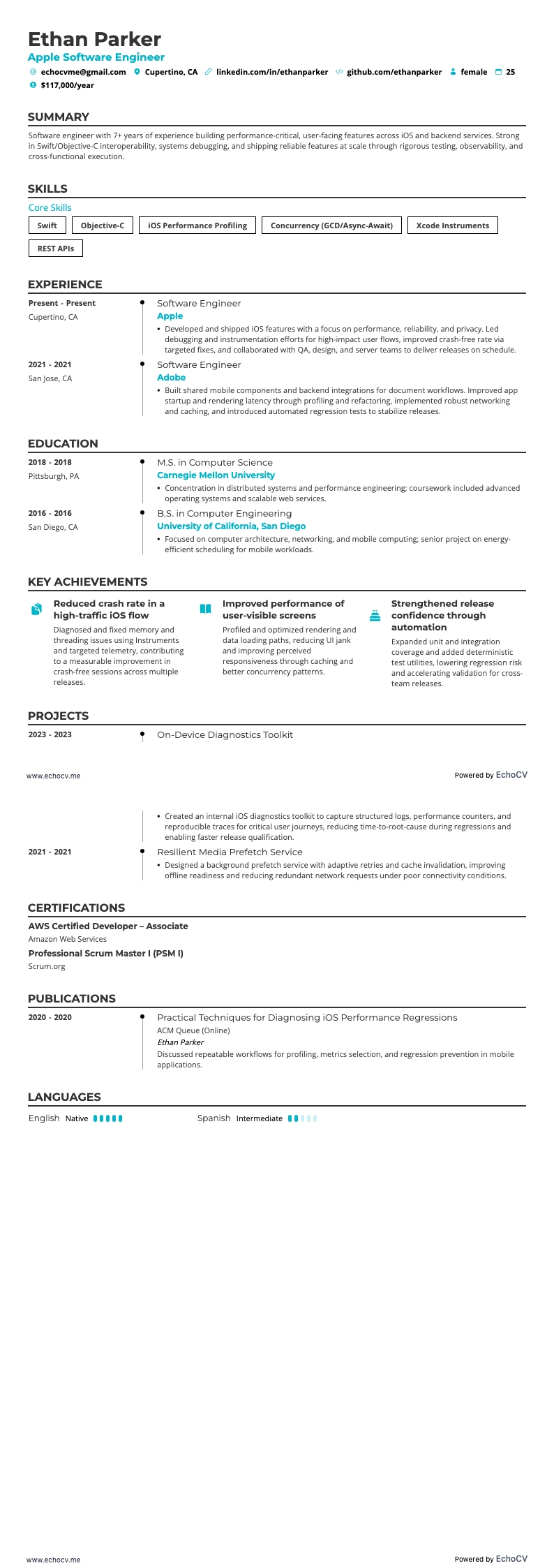 Apple Software Engineer example resume