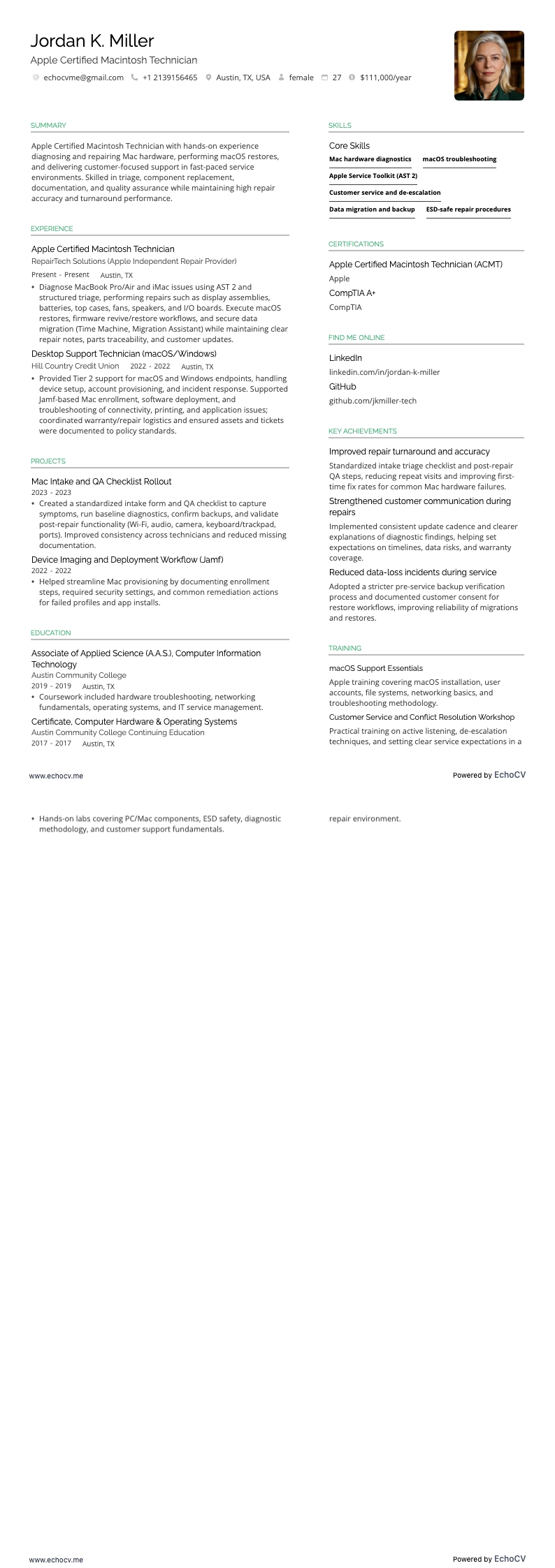 Apple Certified Macintosh Technician example resume