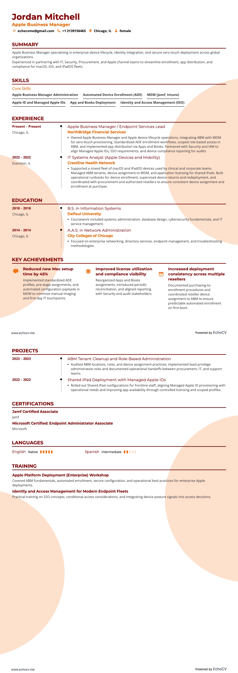 Apple Business Manager example resume