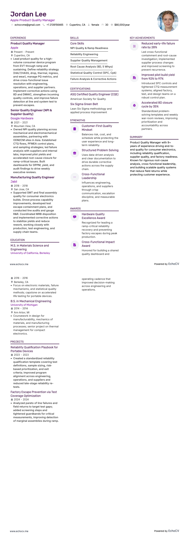 Apple Product Quality Manager example resume