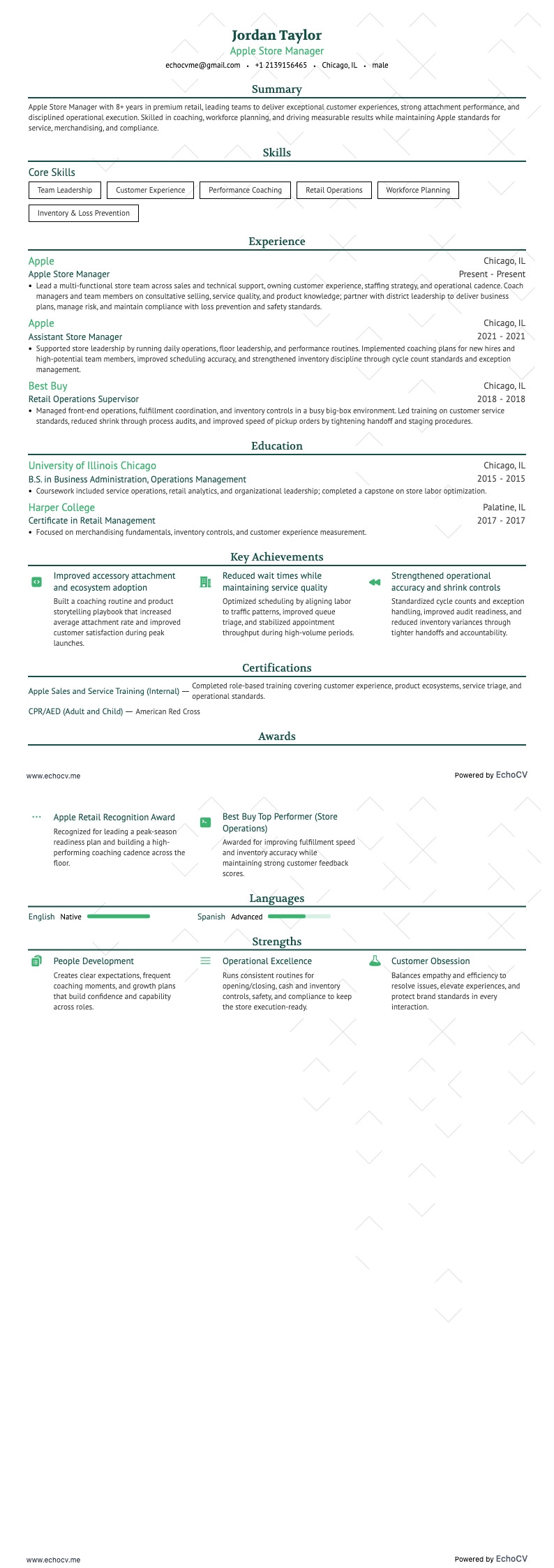 Apple Store Manager example resume
