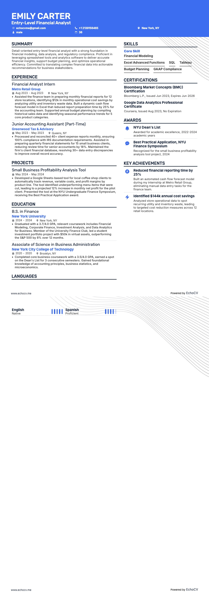 Entry-Level Financial Analyst example resume