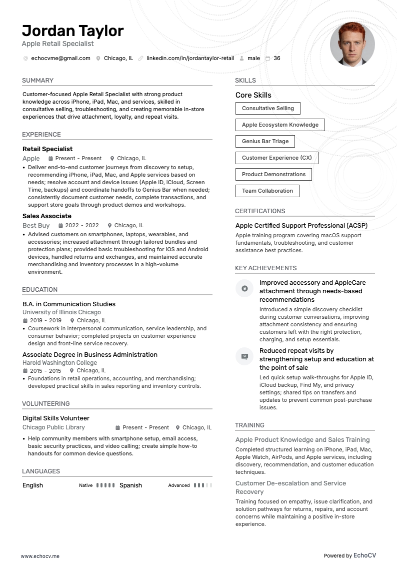 Apple Retail Specialist example resume