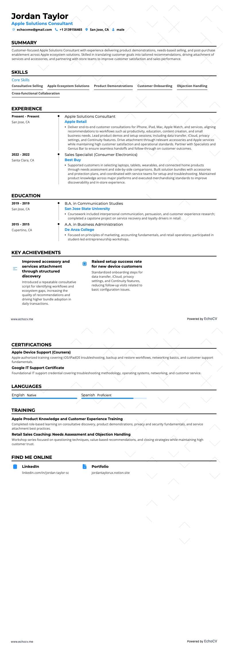 Apple Solutions Consultant example resume