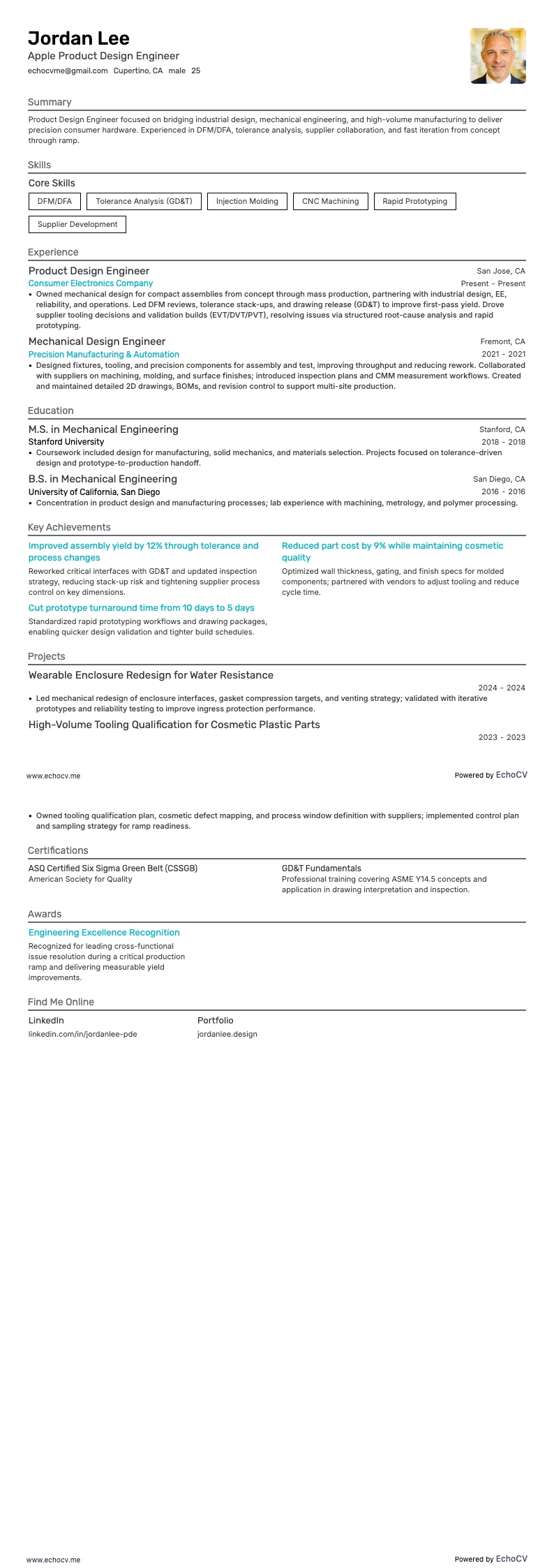 Apple Product Design Engineer example resume