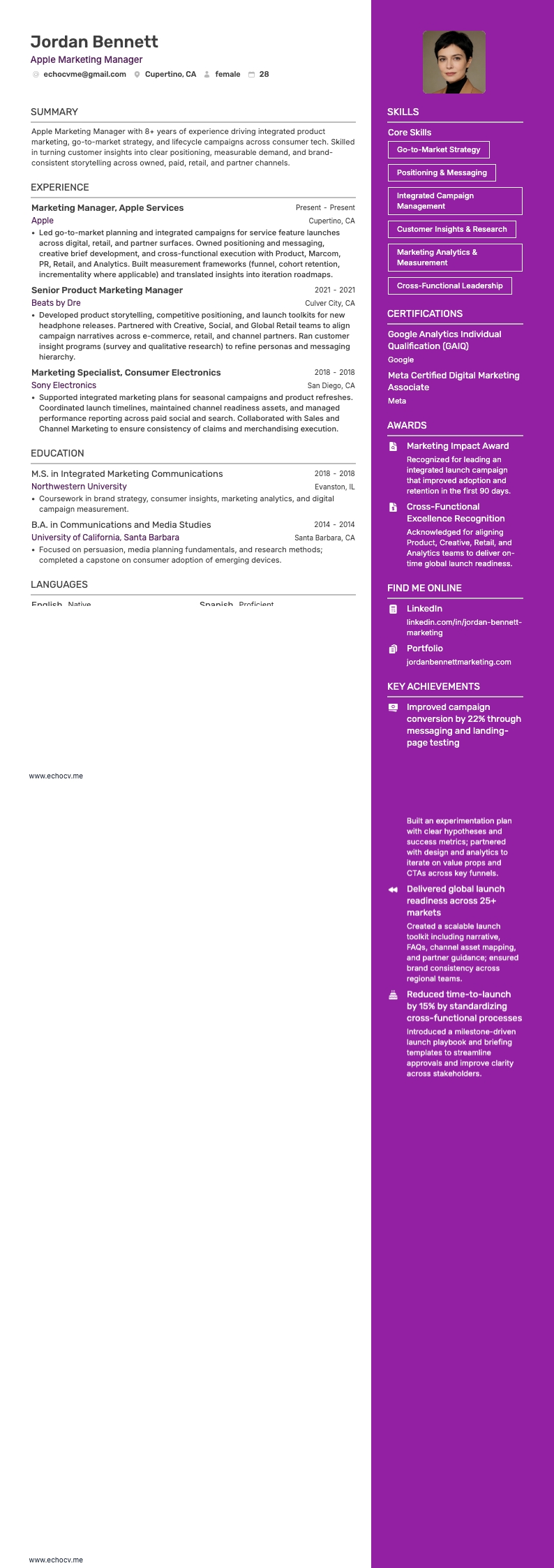 Apple Marketing Manager example resume