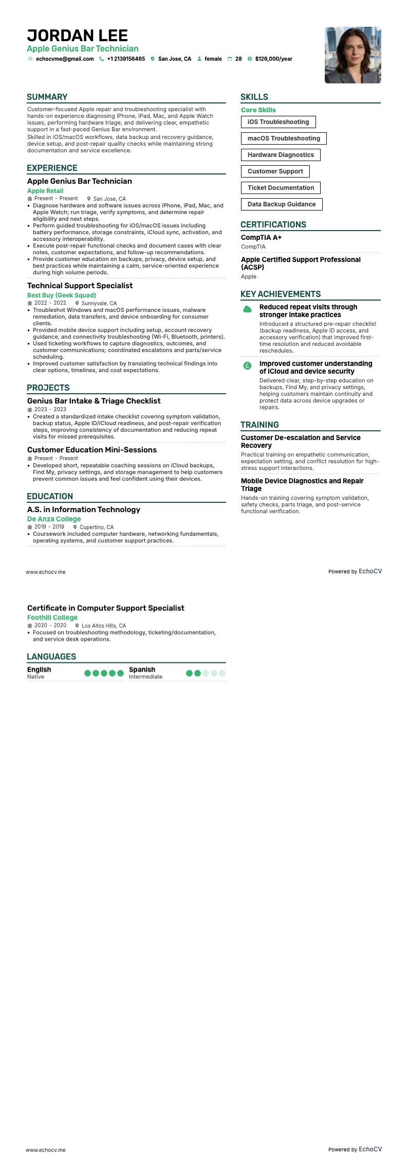 Apple Genius Bar Technician example resume