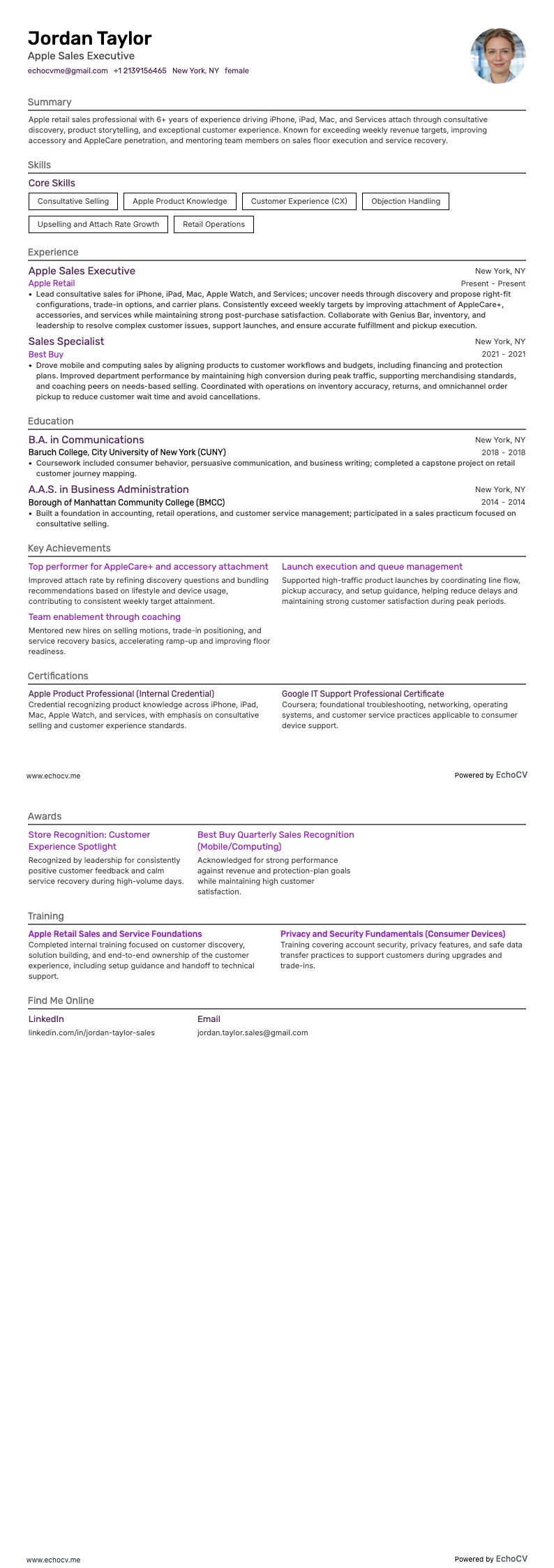 Apple Sales Executive example resume
