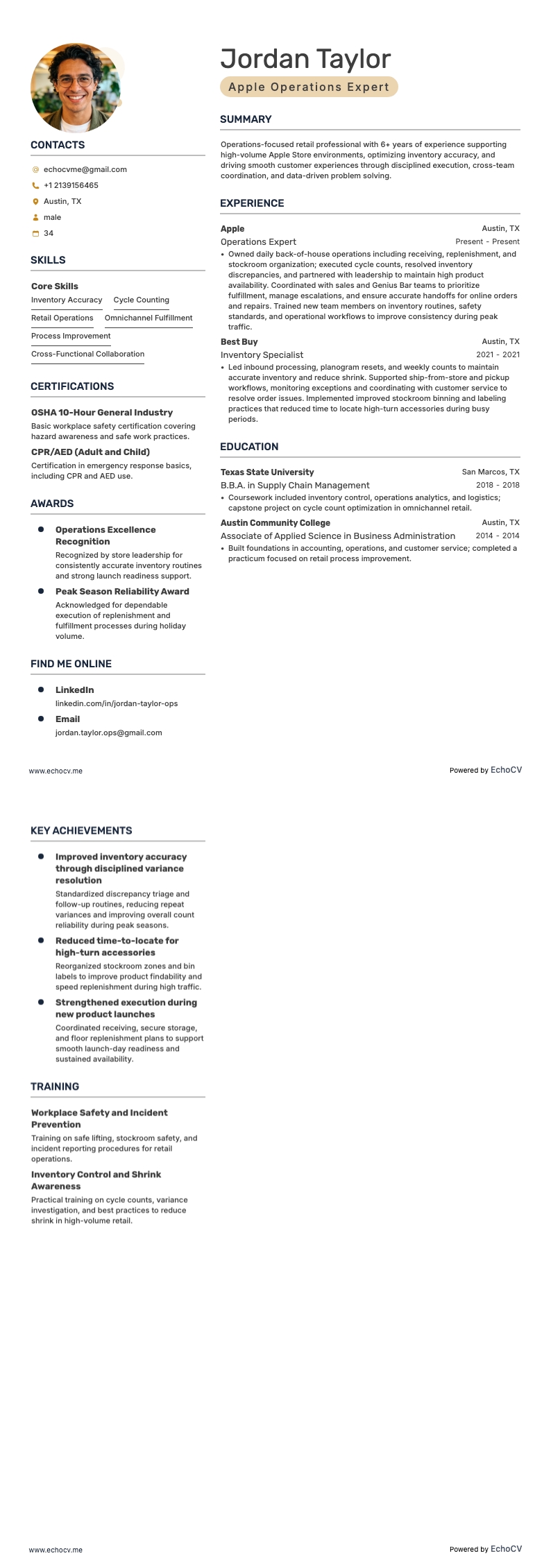 Apple Operations Expert example resume