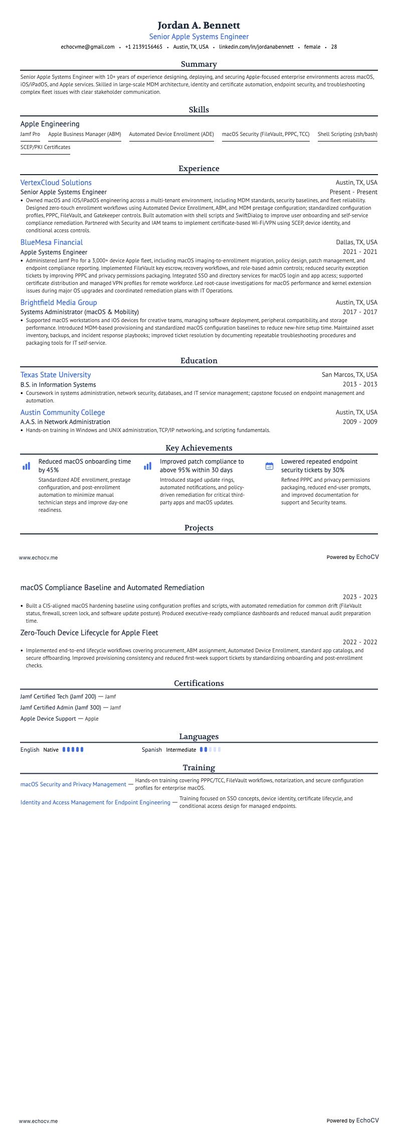 Senior Apple Systems Engineer example resume
