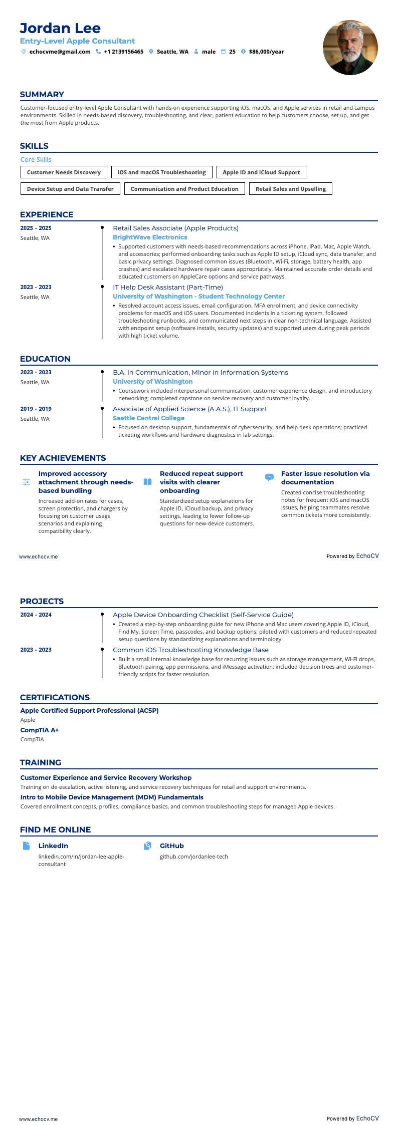 Entry-Level Apple Consultant example resume
