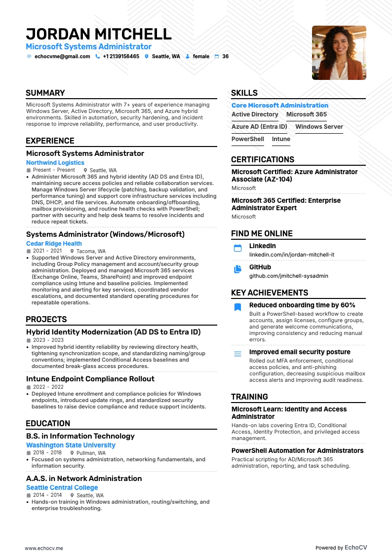 Microsoft-Systemadministrator example resume