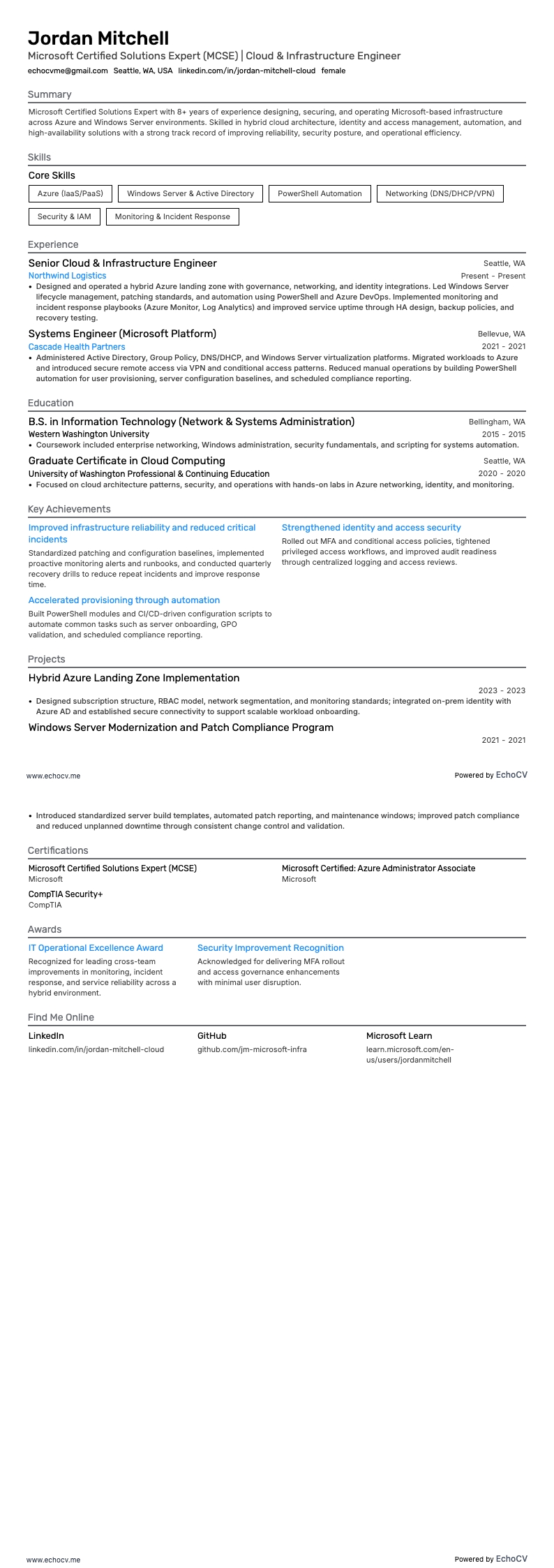 Microsoft-zertifizierter Lösungsexperte example resume