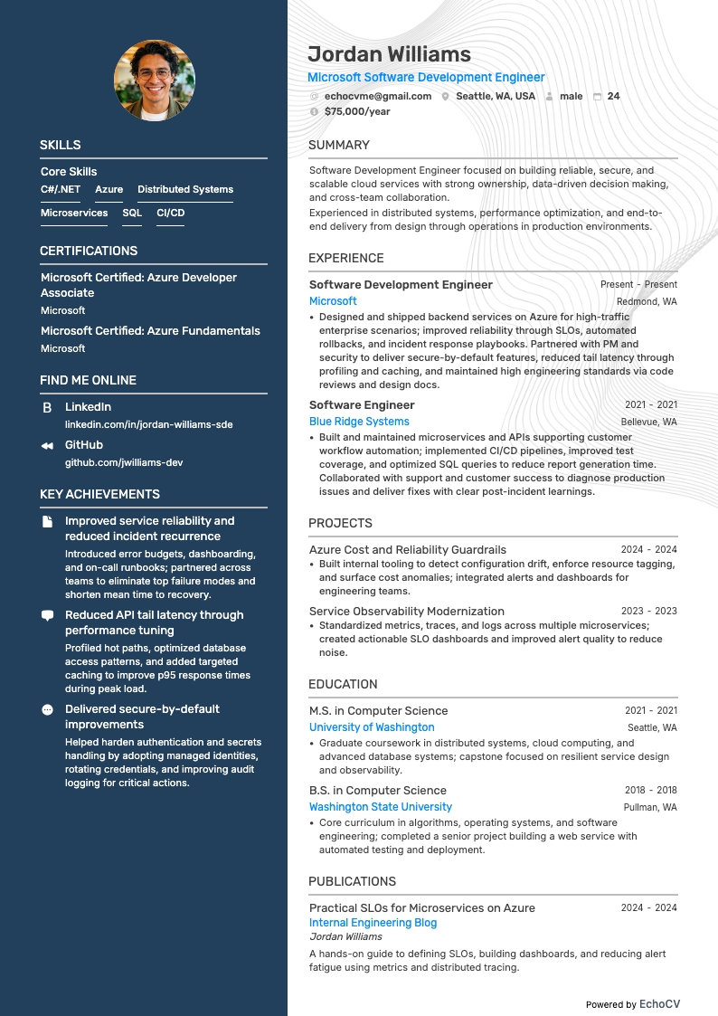 Microsoft Softwareentwicklungsingenieur example resume