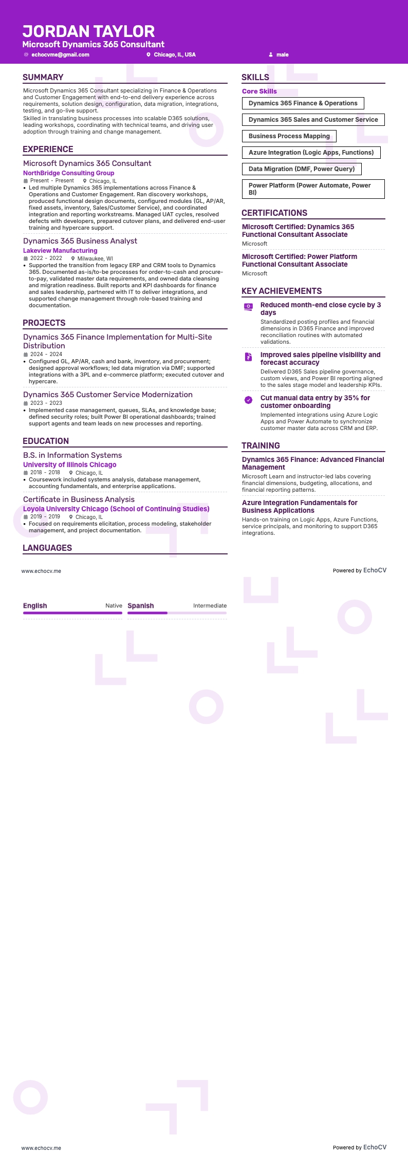 Microsoft Dynamics 365-Berater example resume