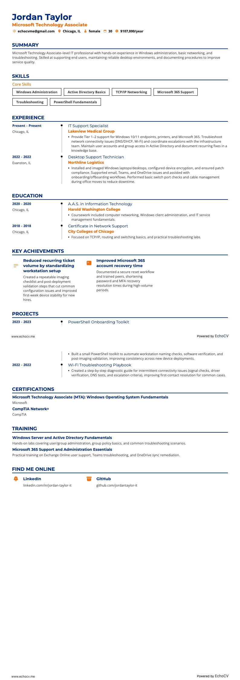 Microsoft Technology Associate example resume
