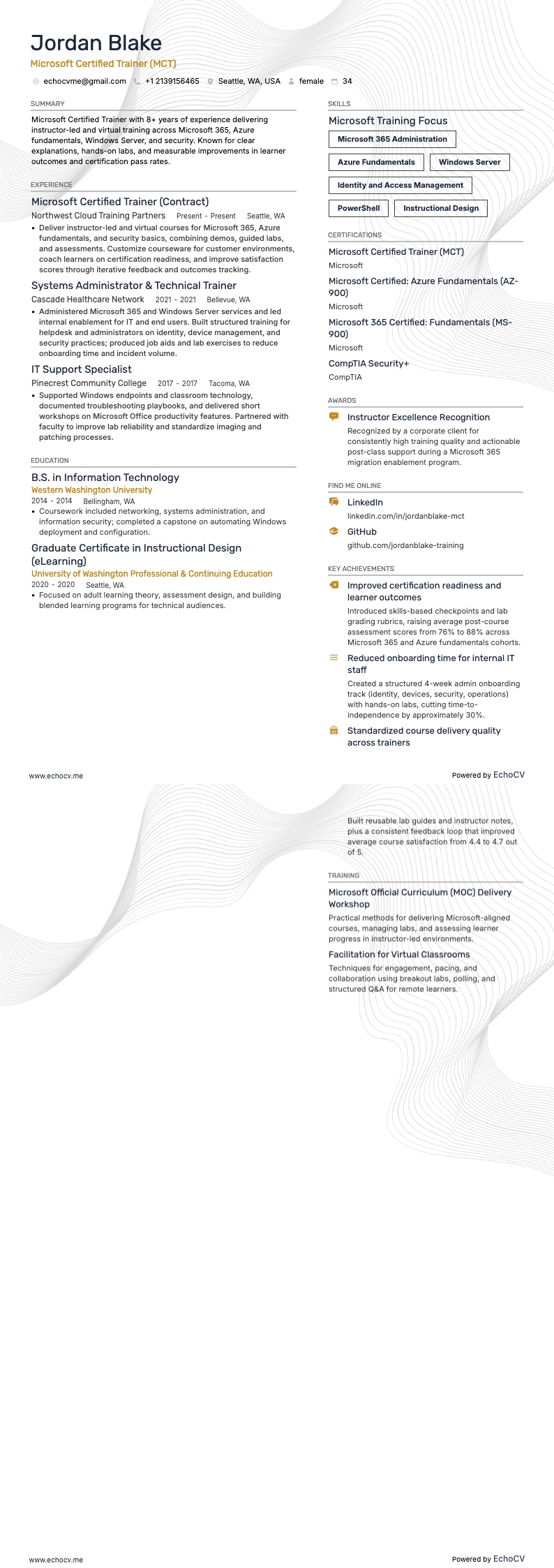 Microsoft-zertifizierter Trainer example resume