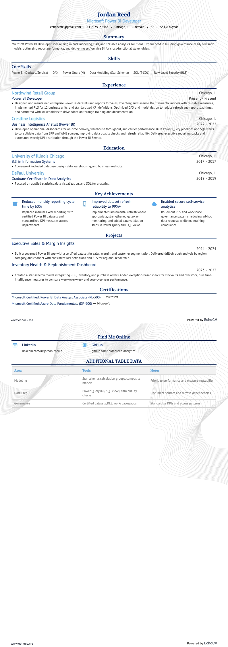 Microsoft Power BI-Entwickler example resume
