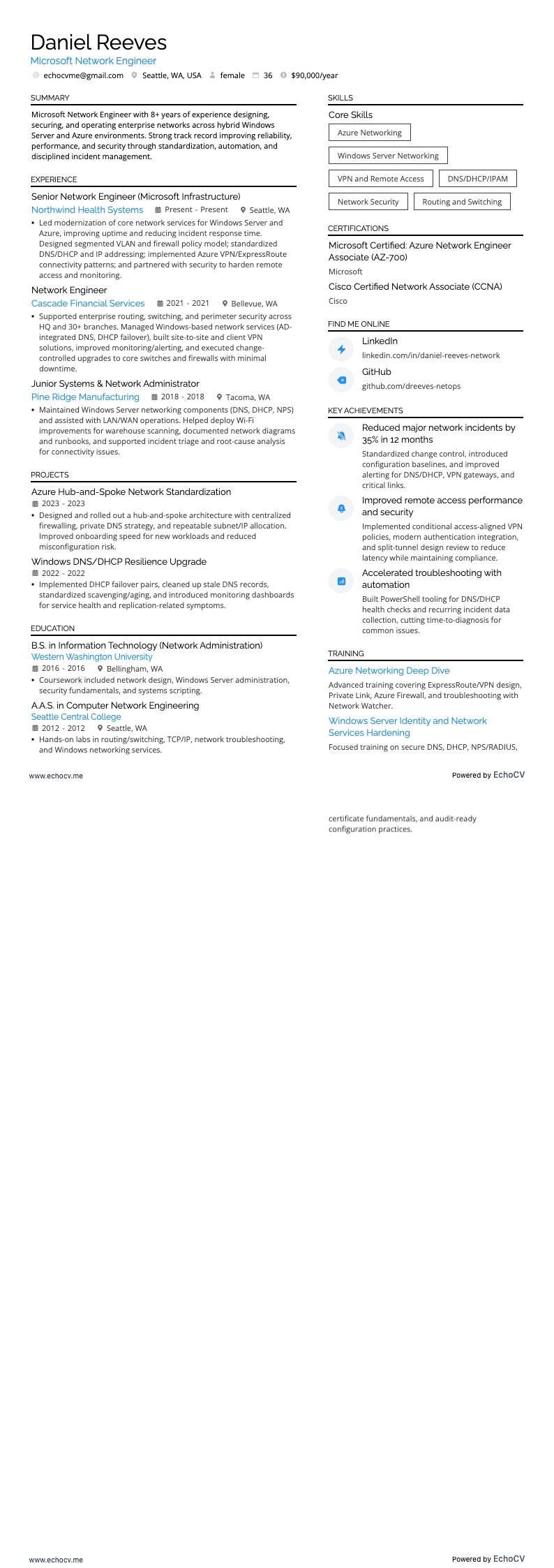 Microsoft-Netzwerkingenieur example resume